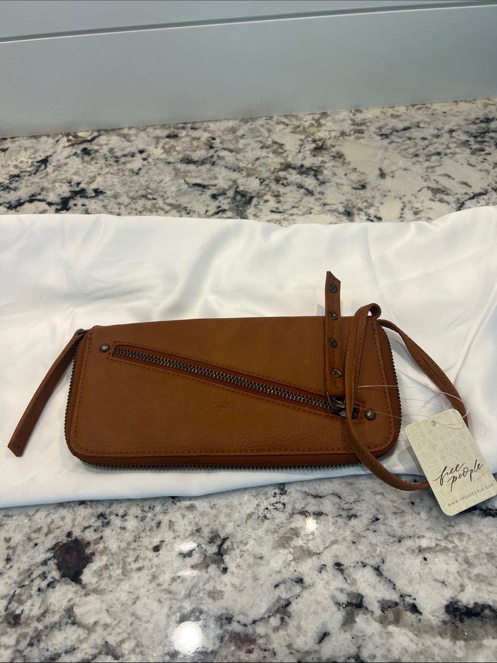 Free People Cognac Leather Zip Wristlet Clutch